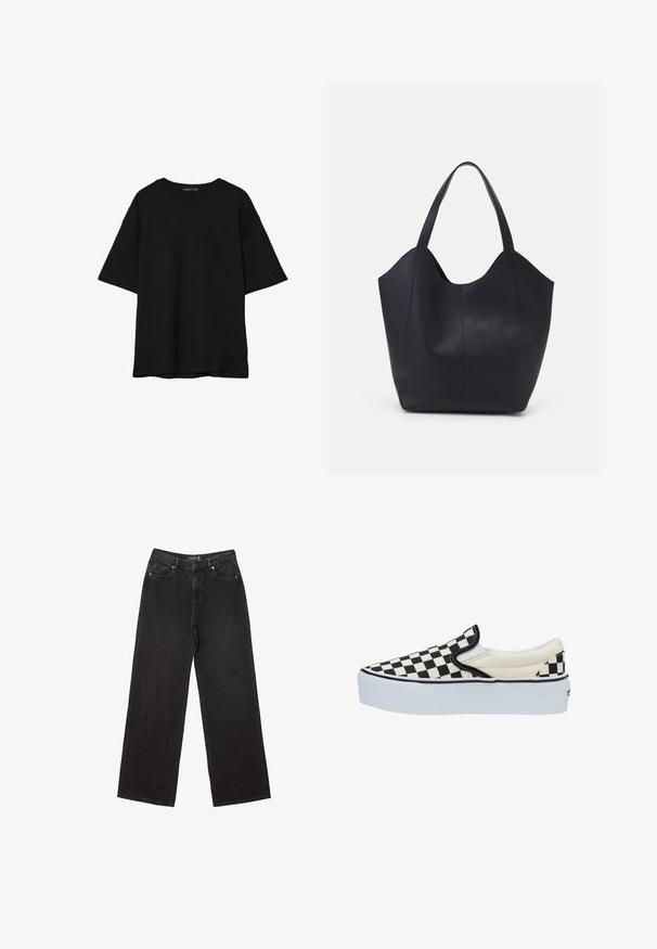 T-shirt in cotone nero con vestibilità rilassata, maniche corte, scollatura arrotondata e una texture liscia. Nessuna trama o accento visibile.; Jeans neri a gamba larga realizzati in denim, caratterizzati da piccoli motivi a pois, design classico a cinque tasche e chiusura con bottone e zip.; Scarpa slip-on a scacchi bianco e nero con suola bianca, dotata di una tomaia in tela e lati elasticizzati per un facile indossamento.; Borsa tote nera realizzata in pelle liscia, con una parte superiore curva e aperta, dotata di due manici per spalla e un design minimalista.