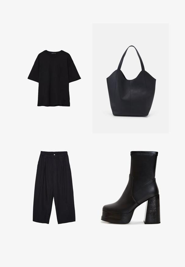 Musta puuvillainen t-paita, jossa on rento leikkaus, lyhyet hihat, pyöreä pääntie ja sileä rakenne. Ei näkyviä kuvioita tai yksityiskohtia.; Musta polyesterinen culotte-housut, jossa on joustava vyötärö, kaksi etupleettiä ja löysä siluetti. Ei näkyviä kuvioita tai metallisia yksityiskohtia.; Musta nilkkuri, joka on valmistettu sileästä nahasta. Varustettu korkealla lohkopohjalla, jossa on puumainen tekstuuri, sekä tukevalla alustalla. Yläosassa saumatiedot.; Mustat kangaskassit, jotka on valmistettu sileästä nahasta, jossa on kaareva, avoin yläosa, kaksi olkahihnaa ja minimalistinen muotoilu.