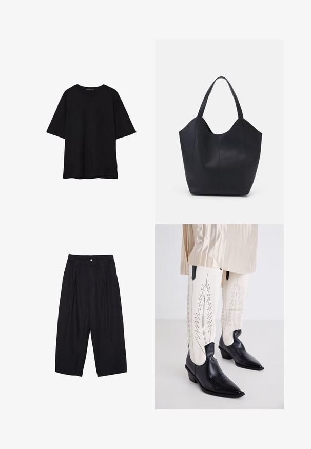 Czarna bawełniana koszulka z luźnym krojem, krótkimi rękawami, okrągłym dekoltem i gładką fakturą. Bez widocznych wzorów ani akcentów.; Czarne spodnie culotte z poliestru z elastycznym pasem, dwoma fałdami z przodu i luźnym krojem. Brak widocznych wzorów lub elementów metalowych.; Czarne kowbojskie buty z teksturowanym wykończeniem, spiczastymi noskami i niskimi blokowymi obcasami, w połączeniu z białymi dopasowanymi spodniami z zygzakowatym czarnym wyszywaniem.; Czarna torba na ramię wykonana z gładkiej skóry, z zaokrąglonym, otwartym topem i dwoma paskami na ramię oraz minimalistycznym designem.