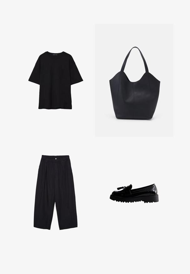 Svart bomull T-shirt med avslappnad passform, korta ärmar, rundad halsringning och en mjuk textur. Inga synliga mönster eller accenter.; Svarta polyester culottbyxor med elastisk midja, två framfickor och en lös silhuett. Inga synliga mönster eller hårdvarudetaljer.; Svarta lackläder loafers med en kraftig sula, försedda med en dekorativ frans och en elegant design, som visar en slät, glänsande yta.; Svart tote-väska i slät läder, med en böjd, öppen topp, två axelremmar och en minimalistisk design.