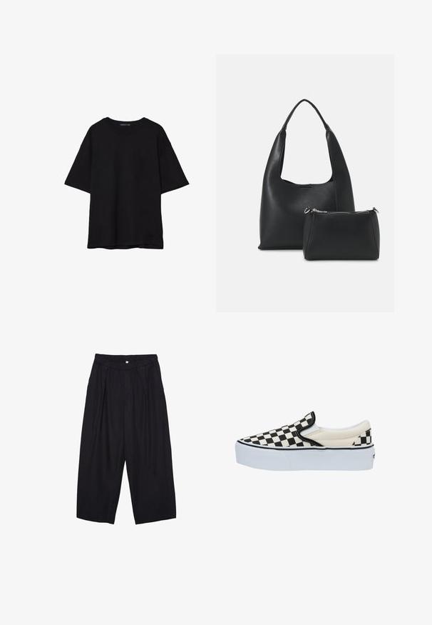 T-shirt noir en coton avec une coupe décontractée, des manches courtes, un col arrondi et une texture lisse. Pas de motifs ni d'accents visibles.; Pantalon culotte noir en polyester avec une taille élastique, deux plis avant et une silhouette ample. Pas de motifs visibles ni de détails matériels.; Bottine à enfiler en damier noir et blanc avec une semelle blanche, dotée d'une tige en toile et d'accents élastiques sur les côtés pour un enfilage facile.; Even&Odd Sac à main - black