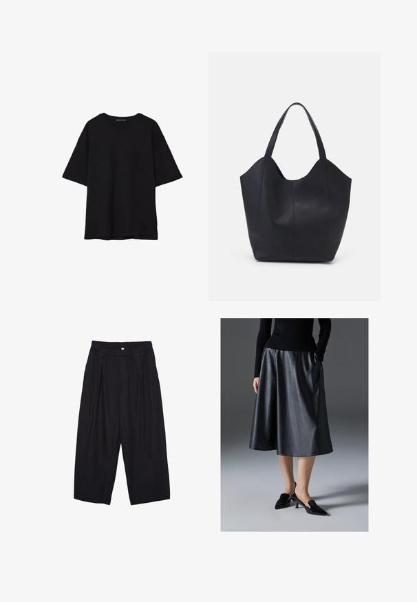 Čierne bavlnené tričko s voľným strihom, krátkymi rukávmi, zaobleným výstrihom a hladkou textúrou. Bez viditeľných vzorov alebo akcentov.; Čierne polyesterové culotte nohavice s elastickým pásom, dvoma prednými záhybmi a voľným strihom. Žiadne viditeľné vzory ani detaily z kovu.; Čierna kožená midi sukňa s hladkou textúrou; obsahuje pás a bočné vrecká. Skombinovaná s lesklými čiernymi podpätkami.; Čierna taška s dlhým uchom vyrobená z hladkej kože, s oblým otvoreným vrchom a dvoma ramennými popruhmi, minimalistického dizajnu.