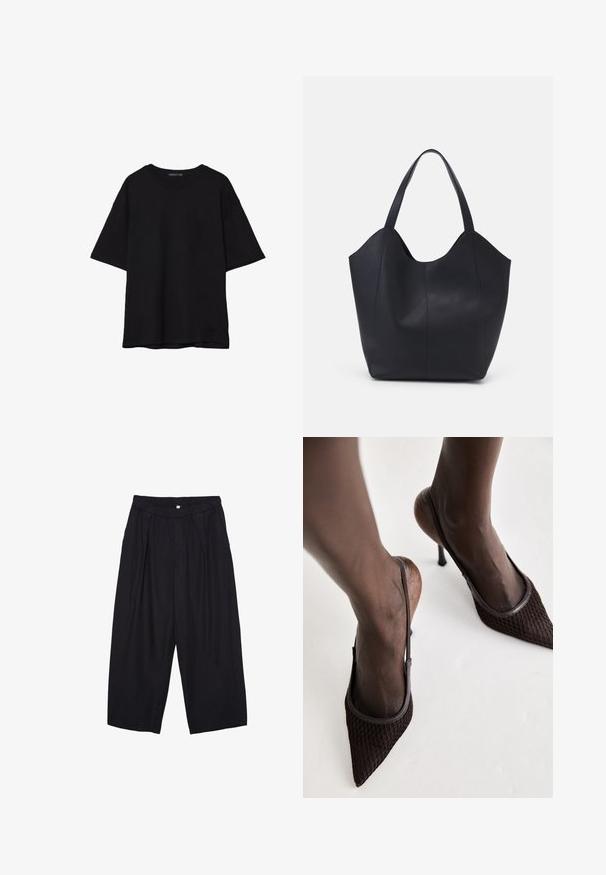 Černé bavlněné tričko s volným střihem, krátkými rukávy, zaobleným výstřihem a hladkou texturou. Bez viditelných vzorů nebo akcentů.; Černé polyesterové culotte kalhoty s elastickým pasem, dvěma předními sklady a volným siluetou. Žádné viditelné vzory ani kovové detaily.; Hnědé lodičky s špičatou špičkou, které mají texturovanou síťku, design na zápěstí a tenký stiletto podpatek, umístěné na neutrálním pozadí.; Černá taška přes rameno vyrobená z hladké kůže, s zakřiveným, otevřeným vrchem a dvěma ramenními popruhy, s minimalistickým designem.