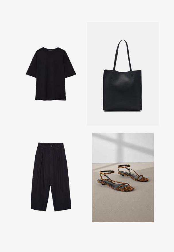 Crna pamučna majica s opuštenim krojem, kratkim rukavima, okruglim izrezom i glatkom teksturom. Nema vidljivih uzoraka ili detalja.; Crne poliester hlače culotte s elastičnim pojasom, dva prednja nabora i širokim krojem. Nema vidljivih uzoraka ili metalnih detalja.; Sandalice s leopard uzorkom s crnim kožnim ulošcima, s tankim remenima oko gležnja i minimalističkim dizajnom. Tekstilirana meka tkanina.; Crna kožna torba za nošenje s glatkom teksturom, pravokutnim oblikom i dvije duge ručke. Nema vidljivih metalnih dijelova ili ukrasa.