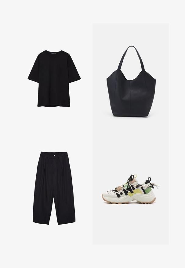 T-shirt in cotone nero con vestibilità rilassata, maniche corte, scollatura arrotondata e una texture liscia. Nessuna trama o accento visibile.; Pantaloni culotte neri in poliestere con una cintura elastica, due pieghe frontali e una silhouette ampia. Nessun motivo visibile o dettagli in metallo.; Steve Madden TAZMANIA - Sneakers basse - spring green; Borsa tote nera realizzata in pelle liscia, con una parte superiore curva e aperta, dotata di due manici per spalla e un design minimalista.