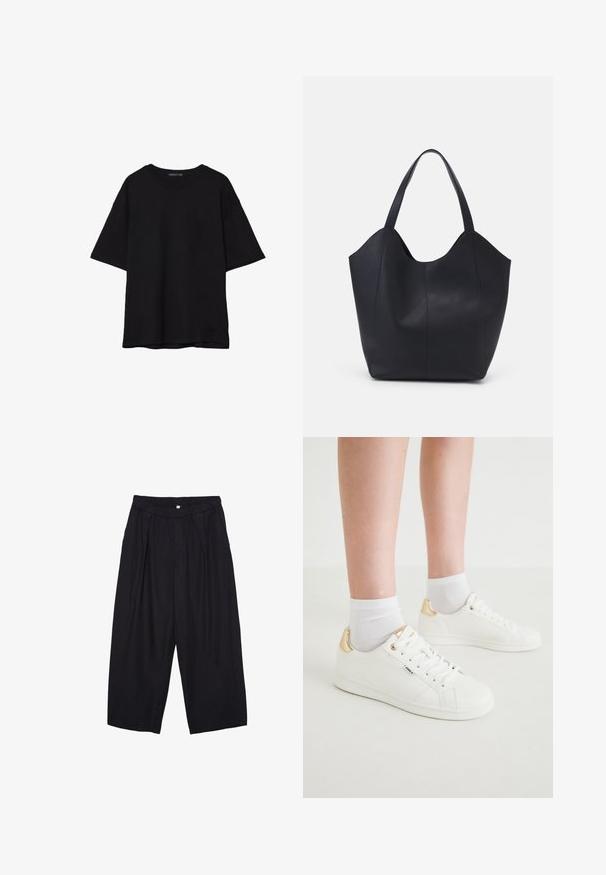 T-shirt in cotone nero con vestibilità rilassata, maniche corte, scollatura arrotondata e una texture liscia. Nessuna trama o accento visibile.; Pantaloni culotte neri in poliestere con una cintura elastica, due pieghe frontali e una silhouette ampia. Nessun motivo visibile o dettagli in metallo.; Sneaker bianche con una finitura liscia, caratterizzate da un accento dorato sul tallone, lacci frontali e design minimalista. Abbinati a calzini bianchi.; Borsa tote nera realizzata in pelle liscia, con una parte superiore curva e aperta, dotata di due manici per spalla e un design minimalista.