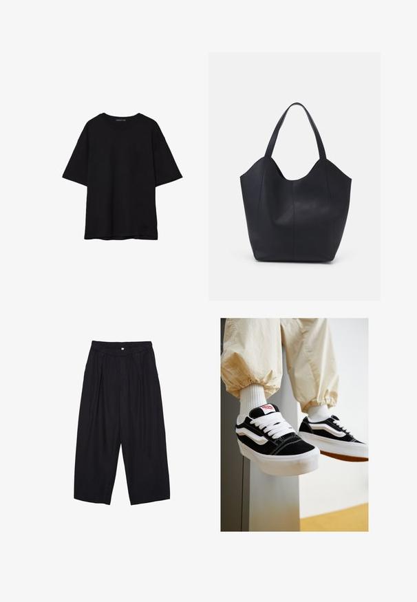 Sort bomulds T-shirt med en afslappet pasform, korte ærmer, rund halsudskæring og en glat tekstur. Ingen synlige mønstre eller accenter.; Sorte polyester culotte bukser med elastisk talje, to forpiber og en løs silhuet. Ingen synlige mønstre eller hardware detaljer.; Sorte og hvide ruskinds sneakers med flade hvide snører, teksturerede gummisåler og design med side-stribe. Båret med cremefarvede tapered bukser.; Sort tote taske lavet af glat læder, med en buet, åben top, to skulderstropper og et minimalistisk design.