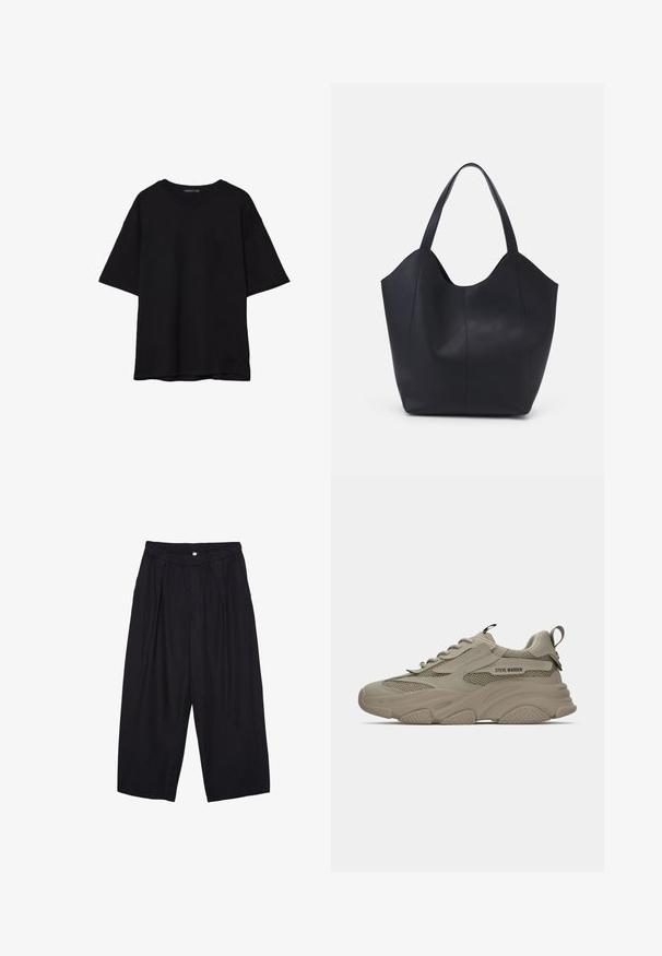 Sort bomulds T-shirt med en afslappet pasform, korte ærmer, rund halsudskæring og en glat tekstur. Ingen synlige mønstre eller accenter.; Sorte polyester culotte bukser med elastisk talje, to forpiber og en løs silhuet. Ingen synlige mønstre eller hardware detaljer.; Beige chunky sneakers med mesh-detaljer, tyk sål, snørebånd, strop på hælen og "STEVE MADDEN" logo på sidepanelet.; Sort tote taske lavet af glat læder, med en buet, åben top, to skulderstropper og et minimalistisk design.
