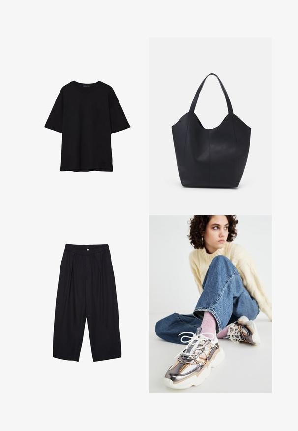 Musta puuvillainen t-paita, jossa on rento leikkaus, lyhyet hihat, pyöreä pääntie ja sileä rakenne. Ei näkyviä kuvioita tai yksityiskohtia.; Musta polyesterinen culotte-housut, jossa on joustava vyötärö, kaksi etupleettiä ja löysä siluetti. Ei näkyviä kuvioita tai metallisia yksityiskohtia.; Nuorukas, kellel on lokkis juuksed, kannab kreemikat sviitrit, siniseid teksaseid, roosaid sokke ja metalsetes chunky tossudes, istub põrandal ja vaatab eemale.; Mustat kangaskassit, jotka on valmistettu sileästä nahasta, jossa on kaareva, avoin yläosa, kaksi olkahihnaa ja minimalistinen muotoilu.