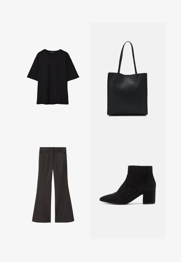 Čierne bavlnené tričko s voľným strihom, krátkymi rukávmi, zaobleným výstrihom a hladkou textúrou. Bez viditeľných vzorov alebo akcentov.; Čierne rozšírené nohavice s vysokým pásom; majú dve bočné vrecká a hladkú textúru látky. Vhodné na rôzne príležitosti.; Čierne semišové členkové topánky s špicatou špičkou a blokovým podpätkom. Dizajn je elegantný s bezšvovými bočnými panelmi, vytvárajúc minimalistický vzhľad.; Čierna kožená taška na rameno s hladkým povrchom, obdĺžnikovým tvarom a dvoma dlhými uchami. Bez viditeľného kovania alebo ozdôb.