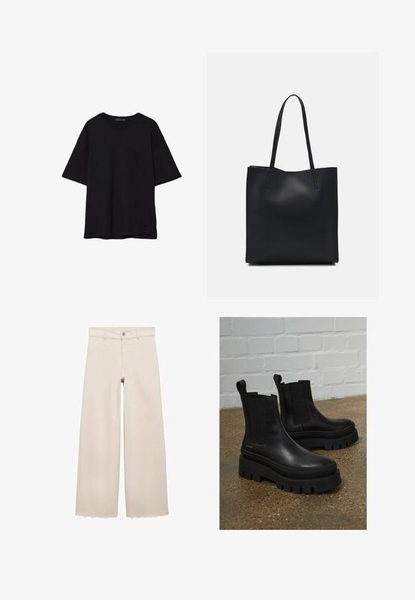 Černé bavlněné tričko s volným střihem, krátkými rukávy, zaobleným výstřihem a hladkou texturou. Bez viditelných vzorů nebo akcentů.; Béžové džíny s širokými nohavicemi a vysokým pasem, vybavené knoflíkovým zapínáním, předními kapsami a třepeným lemem. Vyrobeno z džínoviny.; Černé kožené kotníkové boty s elastickými bočními panely, silnými černými platformovými podrážkami a švy, vybavené poutkem pro snadné obouvání.; Černá kožená taška přes rameno s hladkým povrchem, obdélníkovým tvarem a dvěma dlouhými uchy. Žádné viditelné kování ani ozdoby.