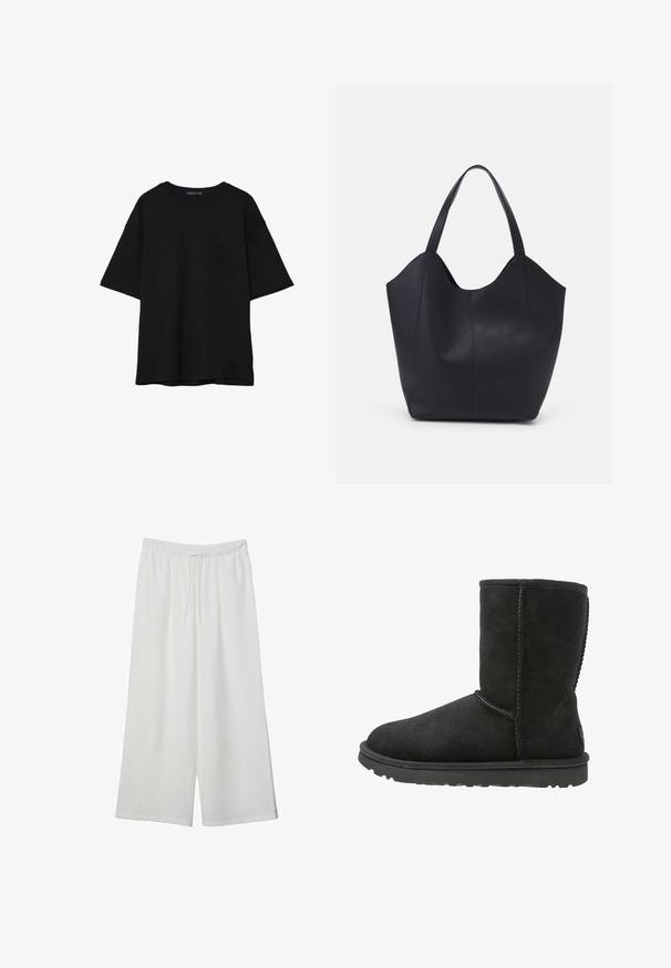 Černé bavlněné tričko s volným střihem, krátkými rukávy, zaobleným výstřihem a hladkou texturou. Bez viditelných vzorů nebo akcentů.; Bílé kalhoty s širokými nohavicemi vyrobené z lehké tkaniny, s elastickým pasem a stahovací šňůrkou pro nastavitelnou velikost. Hladká textura.; Černé semišové kotníkové boty se zaoblenou špicí, šitými švy a plochou gumovou podešví. Mají jednoduchý design bez ozdob.; Černá taška přes rameno vyrobená z hladké kůže, s zakřiveným, otevřeným vrchem a dvěma ramenními popruhy, s minimalistickým designem.