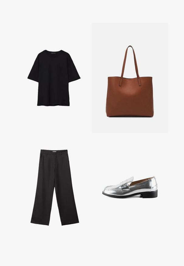 Černé bavlněné tričko s volným střihem, krátkými rukávy, zaobleným výstřihem a hladkou texturou. Bez viditelných vzorů nebo akcentů.; Černé široké kalhoty vyrobené z hladké tkaniny, s předním zipem a dvěma bočními kapsami, s dobře padnoucím střihem a minimalistickým designem.; Stříbrné kožené mokasíny s kulatou špičkou a prošívanými detaily. Mají plochou černou podrážku a hladký, lesklý povrch.; Hnědá kožená taška přes rameno s hladkou texturou, otevřeným designem a dvěma ramenními popruhy. Obsahuje minimální švy a žádné viditelné kovové prvky.