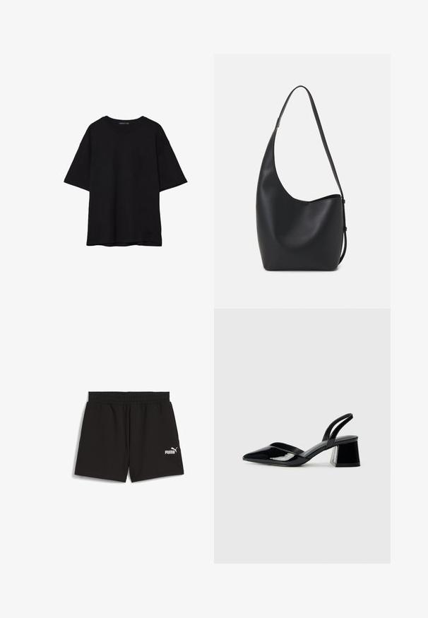 Čierne bavlnené tričko s voľným strihom, krátkymi rukávmi, zaobleným výstrihom a hladkou textúrou. Bez viditeľných vzorov alebo akcentov.; Čierne športové šortky vyrobené z ľahkej tkaniny. Obsahujú elastický pás a bočné vrecká. Na spodnej ľavej strane je biele logo Puma.; Čierne lakované kožené sandálové podpätky s špicatou špičkou a geometrickým blokovým podpätkom. Disponujú elegantným, minimalistickým dizajnom a hladkým povrchom.; Čierna kožená hobo taška so hladkou textúrou, zakriveným tvarom a jedným nastaviteľným popruhom; má široké otvorenie na vrchu.