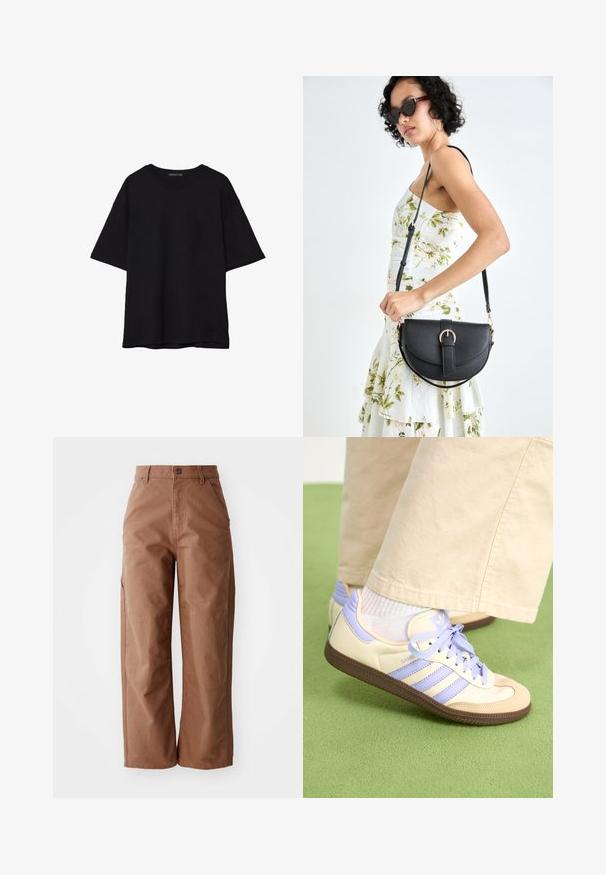 Sort bomulds T-shirt med en afslappet pasform, korte ærmer, rund halsudskæring og en glat tekstur. Ingen synlige mønstre eller accenter.; Brune bukser med brede ben lavet af slidstærkt stof. Har en høj talje, forlommer og diskrete syninger.; Creme og lavendel sneakers med tre striber og en tekstureret brun sål, der har snørebånd og en polstret hæl. Blødt stof øvre.; Sort læderhåndtaske med en buet form, aftagelig rem og guldfinish. Tasken har en klap med en spænde detalje.