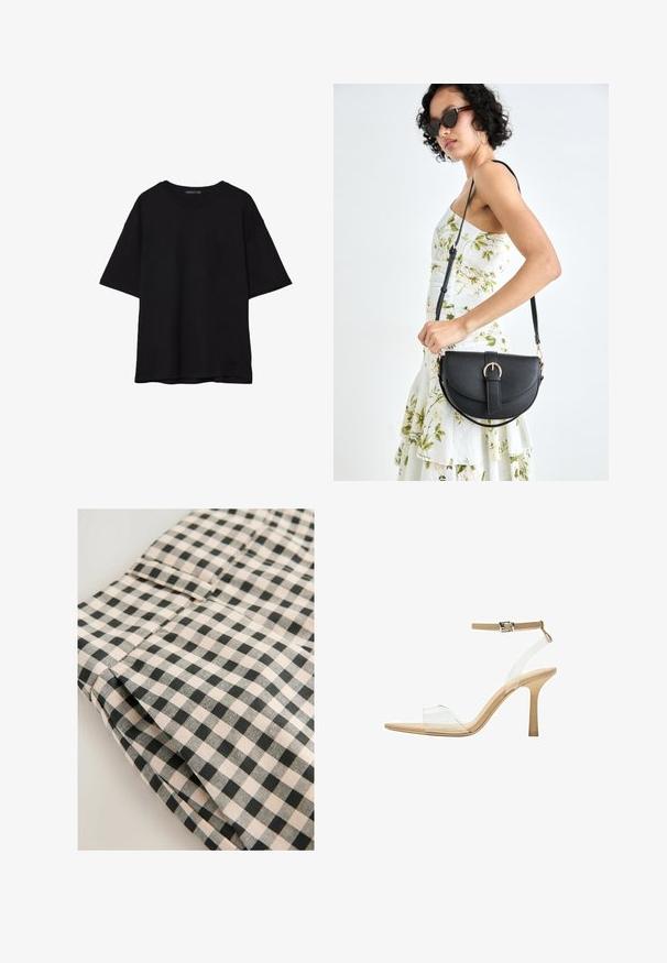 T-shirt noir en coton avec une coupe décontractée, des manches courtes, un col arrondi et une texture lisse. Pas de motifs ni d'accents visibles.; Tissu à carreaux noir et beige avec une texture lisse. Le détail montre une section pliée avec une poche et des finitions nettes.; Sandale à talon transparent avec un supérieur transparent, semelle beige et une fine bride de cheville. Dispose d'un bout pointu et d'un fin talon haut.; Sac à main en cuir noir avec une forme courbée, bandoulière amovible et des accessoires en or. Le sac est doté d'un rabat avec un détail de boucle.