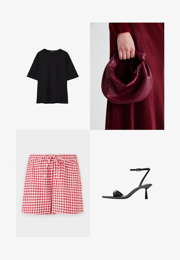 Schwarzes Baumwoll-T-Shirt mit lässiger Passform, kurzen Ärmeln, runder Ausschnitt und glatter Textur. Keine sichtbaren Muster oder Akzente.; Rote und weiße Gingham-Shorts mit einem elastischen Bund und Kordelzug. Sie haben eine lockere Passform und gesäumte Kanten. Der Stoff wirkt leicht.; Bershka High Heel Sandalette - black; Burgunderleder-Handtasche mit einem weichen, gerafften Design und einer gerundeten Form. Der Griff ist gesichert und zeigt eine glatte Textur.