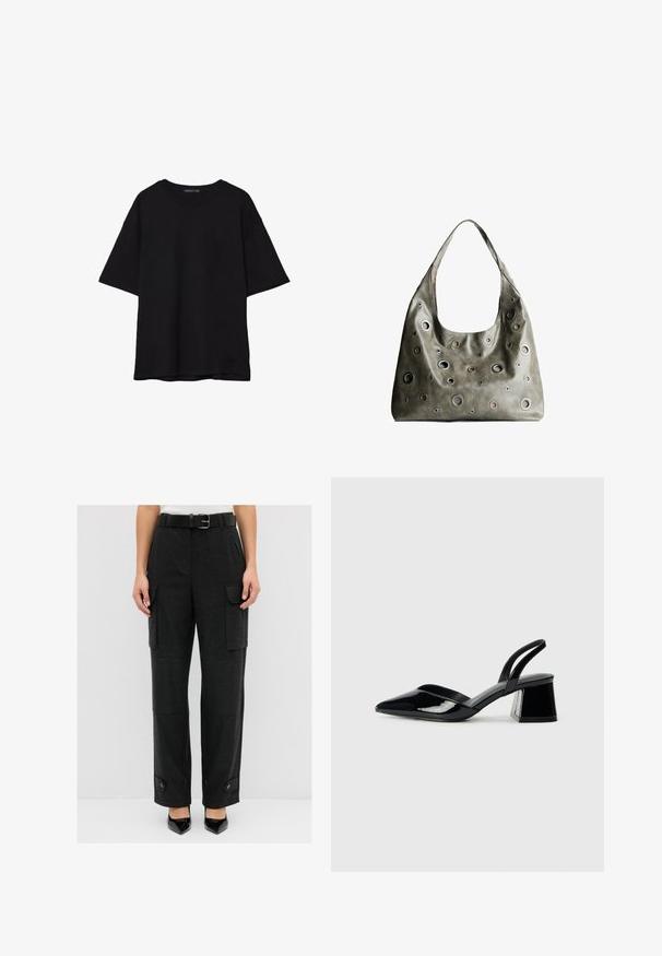 T-shirt in cotone nero con vestibilità rilassata, maniche corte, scollatura arrotondata e una texture liscia. Nessuna trama o accento visibile.; Pantaloni cargo neri con vestibilità dritta, dotati di tasche laterali, vita con cintura e dettagli a bottone sui polsini. Tessuto dalla texture liscia.; Décolleté in vernice nera con punta affusolata e tacco in geometria cubica. Presentano un design elegante e minimalista, con una texture liscia.; Borsa a tracolla in pelle verde oliva con un design morbido, caratterizzata da tagli circolari di diverse dimensioni e dettagli in tonalità più scure e più chiare.