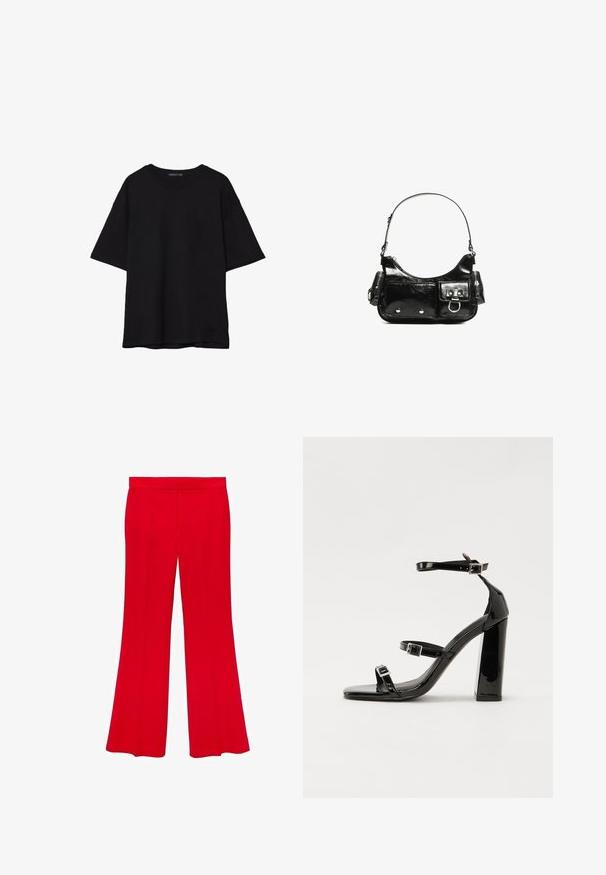 Černé bavlněné tričko s volným střihem, krátkými rukávy, zaobleným výstřihem a hladkou texturou. Bez viditelných vzorů nebo akcentů.; Červené rozšířené kalhoty vyrobené z hladkého materiálu s vysokým pasem a dvěma předními kapsami. Design se vyznačuje čistými liniemi a přiléhavým střihem.; Černé lakované sandály na podpatku se čtveratou špičkou, lýtkovými pásky a stříbrnými přezkami. Disponují masivním blokovým podpatkem pro stabilitu.; Černá lakovaná kožená kabelka s křivkovým tvarem, jedním ramenním popruhem, předními kapsami a stříbrnými kovovými detaily.