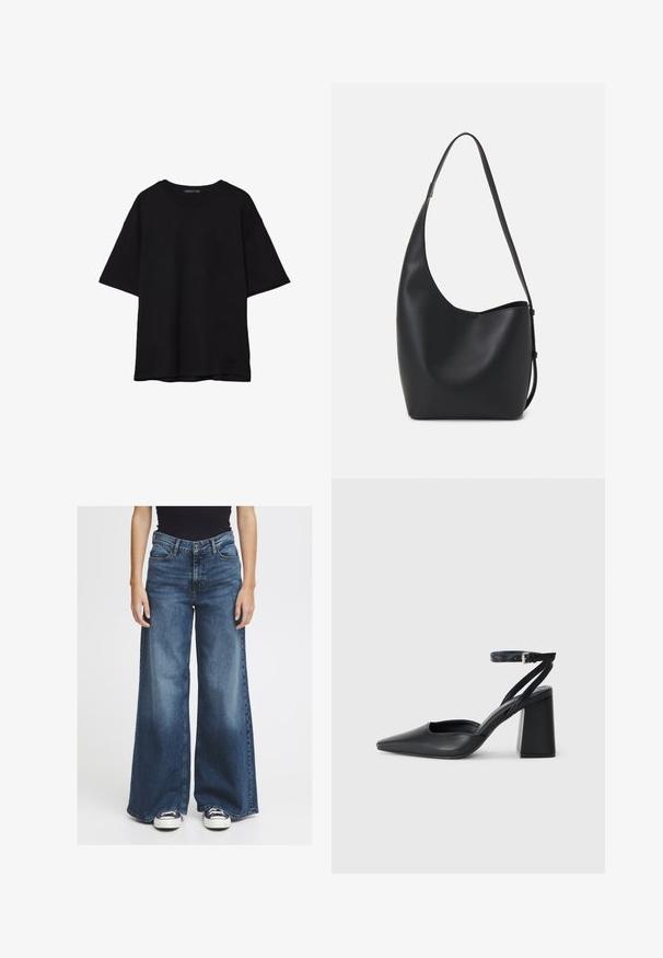 Musta puuvillainen t-paita, jossa on rento leikkaus, lyhyet hihat, pyöreä pääntie ja sileä rakenne. Ei näkyviä kuvioita tai yksityiskohtia.; Siniset farkut leveillä lahkeilla, joissa on haalistunut pinta. Ominaisuuksiin kuuluu klassinen viiden taskun malli, nappisulku ja rento istuvuus vyötäröllä ja lanteilla.; Mustat nahkakengät, joissa on kapea kärki, nilkkaremmi ja paksu korko. Tasainen pinta, tyylikäs muotoilu ja minimalistinen estetiikka.; Musta nahkainen hobo-laukku, jossa on sileä pinta, kaareva muoto ja yksi säädettävä olkahihna; sisäänkäynti on leveä ylhäältä.