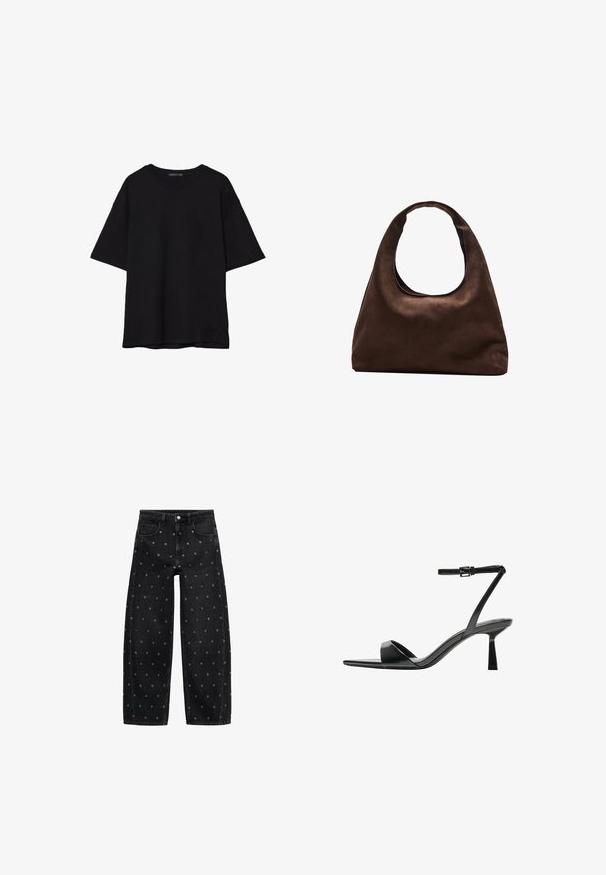 Črna bombažna majica s sproščenim krojem, kratkimi rokavi, zaobljenim izrezom in gladko teksturo. Brez vidnih vzorcev ali dodatkov.; Črne široke kavbojke iz denima z vzorcem manjših srebrnih gromet, klasičnega pet-pocket dizajna in sprednjim zapiranjem na gumb.; Bershka Sandali z visoko peto - black; Mehakna rjava torbica v hobo stilu z enim širokim trakom in ukrivljenim odprtjem na vrhu, prikazana na beli podlagi.