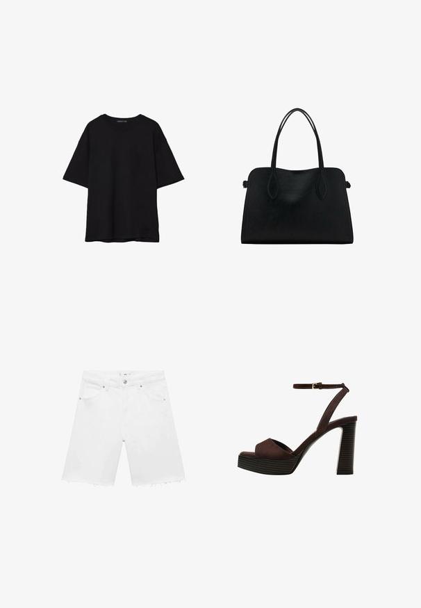 Čierne bavlnené tričko s voľným strihom, krátkymi rukávmi, zaobleným výstrihom a hladkou textúrou. Bez viditeľných vzorov alebo akcentov.; Biele deninové kraťasy s třásněmi na lemu, piatimi kapsami, zapínaním na gombík a diskrétnym šitím na zadnej strane. Štandardný strih a ľahká látka.; Hnedé semišové sandále na vysokom podpätku s otvorenou špičkou, nastaviteľným členkovým remienkom a pruhovanou platformovou podrážkou.; Čierna kožená kabelka s dvojitými popruhmi na rameno, obdĺžnikový tvar a minimalistický dizajn na bielom pozadí.