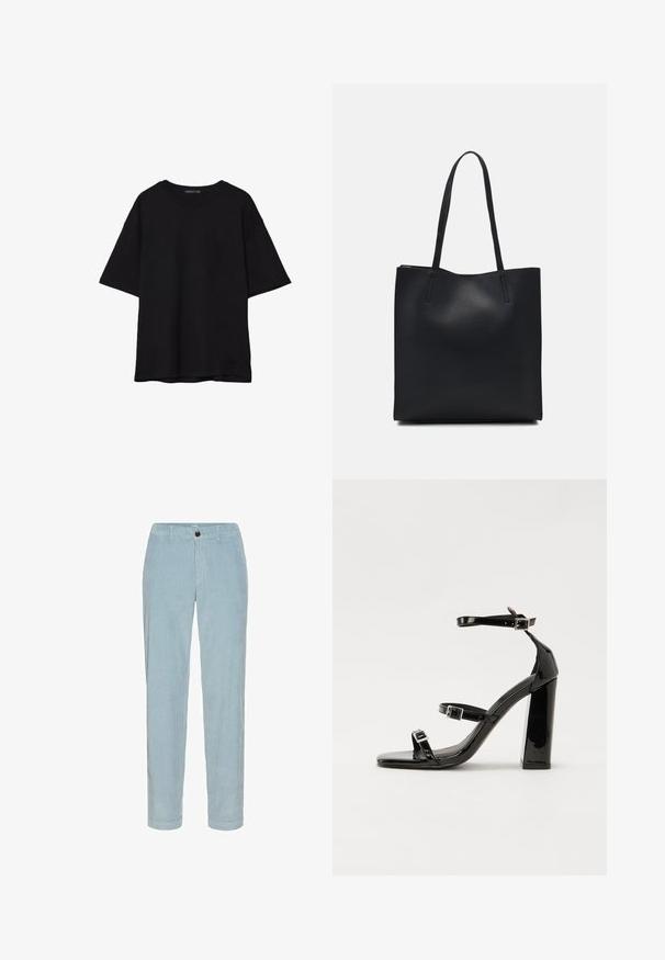 Sort bomulds T-shirt med en afslappet pasform, korte ærmer, rund halsudskæring og en glat tekstur. Ingen synlige mønstre eller accenter.; Lyseblå corduroy bukser med lige ben design, der har teksturerede lodrette striber, knaplukning og bæltestropper.; Sorte patenterede hælsandaler med firkantet tå, ankelremme og sølvspænder. Har en chunky blokHæl for stabilitet.; Sort læder tote taske med glat tekstur, rektangulær form og to lange hanke. Ingen synlig hardware eller udsmykninger.