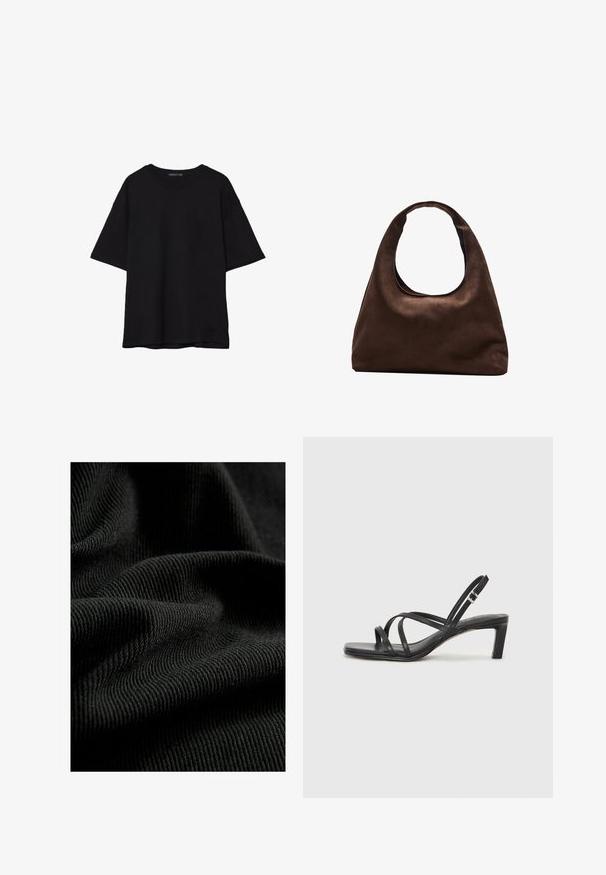 Črna bombažna majica s sproščenim krojem, kratkimi rokavi, zaobljenim izrezom in gladko teksturo. Brez vidnih vzorcev ali dodatkov.; Črnen rebrast material z teksturirano površino, ki poudarja subtilne gube in krivine. Material izgleda lahkoten in fleksibilen.; Črne natikače s trakovi in kvadratnim prstom ter nizkim blokastim peto. Imajo več tankih trakov in nastavljiv trak okoli gležnja. Narejene so iz gladkega usnja.; Mehakna rjava torbica v hobo stilu z enim širokim trakom in ukrivljenim odprtjem na vrhu, prikazana na beli podlagi.