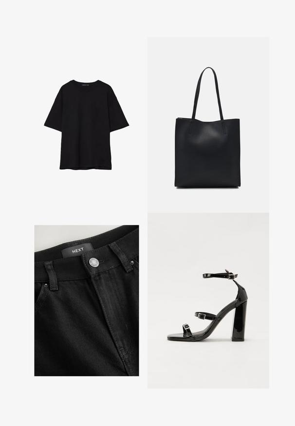 Černé bavlněné tričko s volným střihem, krátkými rukávy, zaobleným výstřihem a hladkou texturou. Bez viditelných vzorů nebo akcentů.; Černé džínové kalhoty s zapínáním na knoflík, poutky na opasek a tónovaným švem. Na pase je viditelný štítek "NEXT". Textura vypadá pevně.; Černé lakované sandály na podpatku se čtveratou špičkou, lýtkovými pásky a stříbrnými přezkami. Disponují masivním blokovým podpatkem pro stabilitu.; Černá kožená taška přes rameno s hladkým povrchem, obdélníkovým tvarem a dvěma dlouhými uchy. Žádné viditelné kování ani ozdoby.