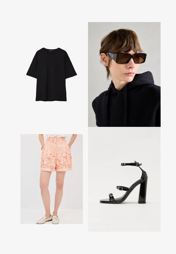 Sort bomulds T-shirt med en afslappet pasform, korte ærmer, rund halsudskæring og en glat tekstur. Ingen synlige mønstre eller accenter.; Blomsterede, koralfarvede shorts med fold og rullede kanter. Lavet af et let stof, der har to sidelommer for bekvemmelighed.; Sorte patenterede hælsandaler med firkantet tå, ankelremme og sølvspænder. Har en chunky blokHæl for stabilitet.; Store sorte oversized solbriller med en blank finish, rektangulær form, brune tonede linser og guld logo detalje på stængerne.