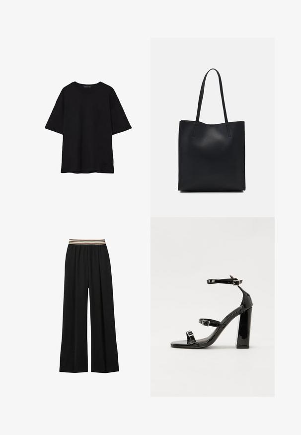 Czarna bawełniana koszulka z luźnym krojem, krótkimi rękawami, okrągłym dekoltem i gładką fakturą. Bez widocznych wzorów ani akcentów.; Czarne spodnie o szerokich nogawkach z elastycznym pasem, z trzema poziomymi paskami w odcieniach brązu i kremu. Wykonane z lekkiego materiału.; Czarne lakierowane sandały na obcasie z kwadratowym noskiem, z paskami wokół kostki i srebrnymi klamrami. Posiadają masywny słupek dla stabilności.; Czarna skórzana torba tote o gładkiej fakturze, prostokątnym kształcie i dwóch długich uchwytach. Brak widocznych elementów metalowych i ozdób.