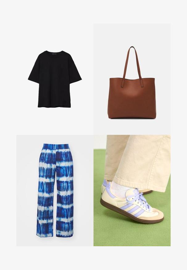 T-shirt in cotone nero con vestibilità rilassata, maniche corte, scollatura arrotondata e una texture liscia. Nessuna trama o accento visibile.; Pantaloni a gamba larga con un motivo tie-dye blu e bianco, dotati di una vita elasticizzata. Realizzati in un tessuto leggero e traspirante.; Sneakers crema e lavanda con tre strisce e suola marrone texturizzata, dotati di lacci e tallone imbottito. Parte superiore in tessuto morbido.; Borsa tote in pelle marrone con texture liscia, design con apertura superiore e due spallacci. Presenta cuciture minime e nessun hardware visibile.