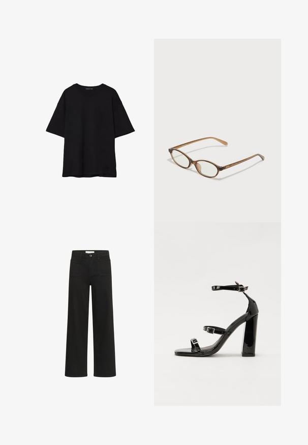 Musta puuvillainen t-paita, jossa on rento leikkaus, lyhyet hihat, pyöreä pääntie ja sileä rakenne. Ei näkyviä kuvioita tai yksityiskohtia.; Kaffe KABROOK HW REG FIT JEANS - Flared-farkut - black deep; Musta kiiltävä korkokenkä sandaalit neliönmuotoisella varpaalla, nilkkaremmillä ja hopeisilla soljilla. Varustettu tukevalla lohkokorkealla vakauden takaamiseksi.; Ruskeat kilpikonnaruutulasiset silmälasit, joissa ovaalit linssit, ohuet varret ja läpinäkyvät yksityiskohdat. Temppeleissä on huomaamaton logo. Suunnittelultaan suora ja kevyt.