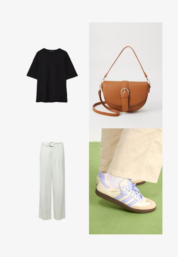 Crna pamučna majica s opuštenim krojem, kratkim rukavima, okruglim izrezom i glatkom teksturom. Nema vidljivih uzoraka ili detalja.; Bijele široke hlače s glatkom teksturom, s prednjim plisiranim detaljima i srebrnim okruglim remenom s kopčom. Nema vidljivih džepova.; Kremasto-ljubičaste tenisice s tri pruge i strukturiranim smeškim potplatom, s vezicama i podstavljenim petom. Mekana gornja tkanina.; Smeđa kožna torba preko tijela s zakrivljenim oblikom, zlatnim metalnim detaljima i naglaskom na kopču. Ima odvojivu naramenicu.