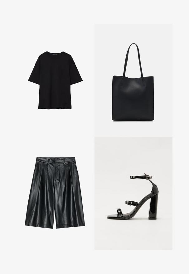 Czarna bawełniana koszulka z luźnym krojem, krótkimi rękawami, okrągłym dekoltem i gładką fakturą. Bez widocznych wzorów ani akcentów.; Czarne skórzane szorty o gładkiej fakturze, z plisowanym wzorem, szlufkami na pasek i bocznymi kieszeniami.; Czarne lakierowane sandały na obcasie z kwadratowym noskiem, z paskami wokół kostki i srebrnymi klamrami. Posiadają masywny słupek dla stabilności.; Czarna skórzana torba tote o gładkiej fakturze, prostokątnym kształcie i dwóch długich uchwytach. Brak widocznych elementów metalowych i ozdób.