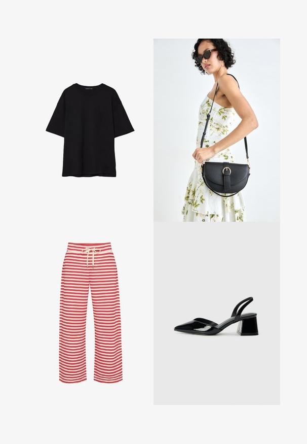 Musta puuvillainen t-paita, jossa on rento leikkaus, lyhyet hihat, pyöreä pääntie ja sileä rakenne. Ei näkyviä kuvioita tai yksityiskohtia.; Valko-reunaiset leveälahkeiset housut punaisena ja kermana, joissa on joustava vyötärö ja naru, sileä kangas ja rento leikkaus.; Mustat patentoitu nahkakengät, joissa on säären takaosa ja terävä kärki, sekä geometrinen palikkakorko. Sisältää tyylikkään, minimalistisen muotoilun ja sileän pinnan.; Musta nahkainen käsilaukku, joka on kaareva muotoilultaan, irrotettavalla hihnalla ja kultaisilla yksityiskohdilla. Laukussa on läppä, jossa on solk yksityiskohta.