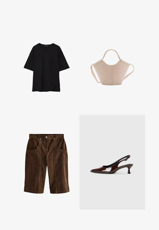 Musta puuvillainen t-paita, jossa on rento leikkaus, lyhyet hihat, pyöreä pääntie ja sileä rakenne. Ei näkyviä kuvioita tai yksityiskohtia.; Ruskean corduroy-shortsit, joissa on teksturoitu pystysuuntainen raidallisukuvio, kaksi etutaskua ja nappikiinnitys vyötäröllä.; Ruske patentin nahkalijatke sa špicastim nosom i umjerenom petom. Sadrže remen s kopčom za sigurno pristajanje. Glatka tekstura.; Vaaleanbeige nahkainen käsilaukku, jossa on ainutlaatuinen muoto, varustettuna kahdella lyhyellä kahvalla ja yhdellä pitkällä säädettävällä hihnalla. Sujuva pinta ja vähän metalliosia.