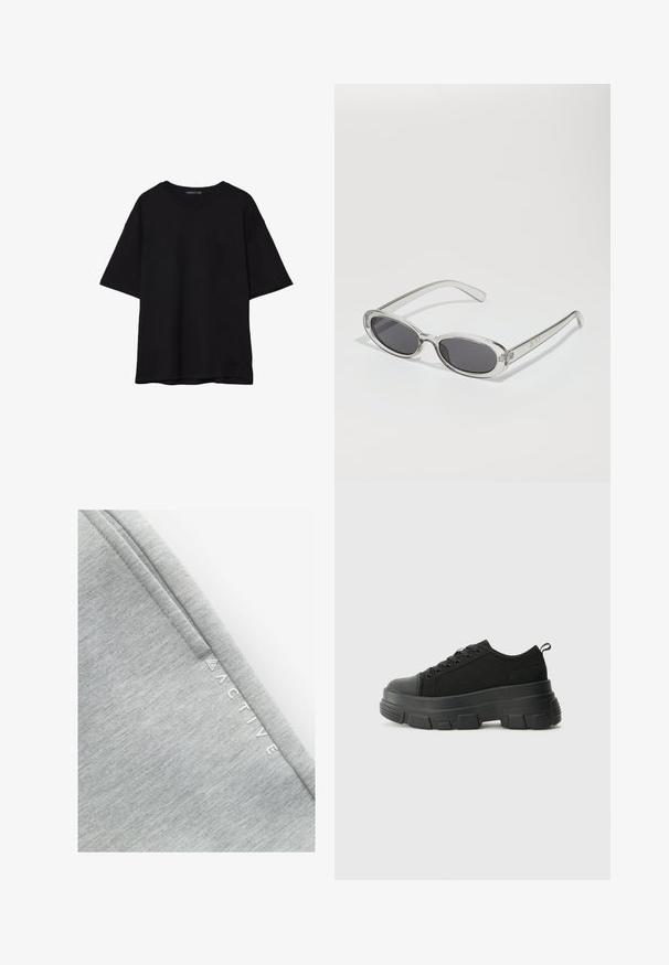 Black cotton T-shirt with a relaxed fit, short sleeves, rounded neckline, and a smooth texture. No visible patterns or accents.; Gray activewear fabric featuring a smooth, textured surface with a subtle mottled pattern. The word "ACTIVE" is printed in white along the side.; Black sneakers with a chunky rubber sole, textured fabric upper, round toe, and lace-up design. Features reinforced eyelets and back pull tab.; Sunglasses with an oval shape, clear plastic frame, dark gray lenses, and thin transparent arms featuring logo accents and minimal detailing.