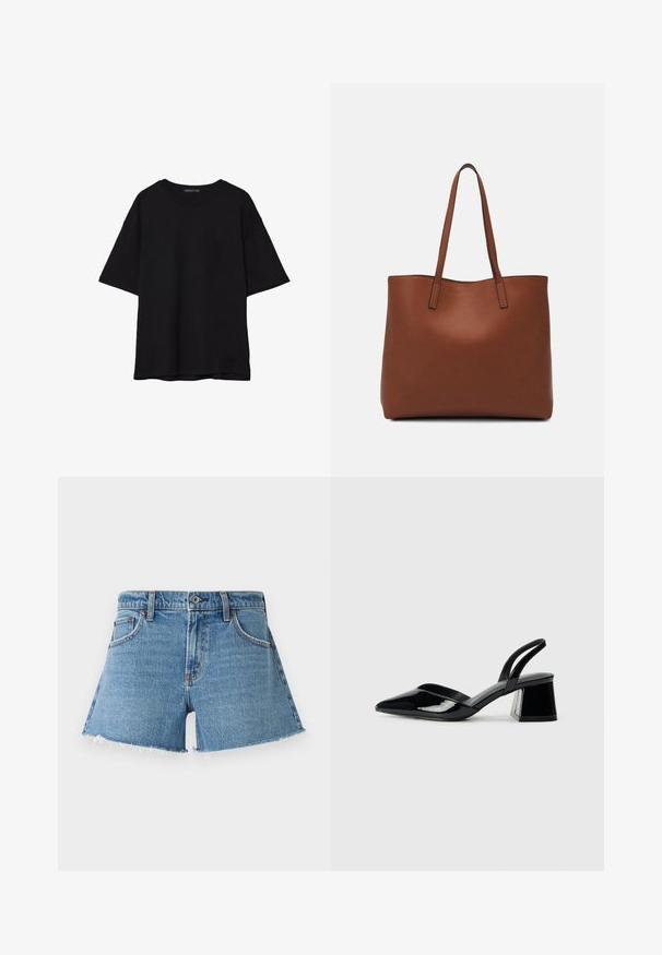 Musta puuvillainen t-paita, jossa on rento leikkaus, lyhyet hihat, pyöreä pääntie ja sileä rakenne. Ei näkyviä kuvioita tai yksityiskohtia.; Vaaleansiniset korkeavyötäröiset farkkushortsit. Ominaisuuksiin kuuluu purjehduksellinen helma ja viisi taskua. Klassinen muotoilu kuparinapeilla ja edessä nappisuljenta.; Mustat patentoitu nahkakengät, joissa on säären takaosa ja terävä kärki, sekä geometrinen palikkakorko. Sisältää tyylikkään, minimalistisen muotoilun ja sileän pinnan.; Ruskea nahkainen olkalaukku, jossa on sileä pinta, avoin yläosa ja kaksi olkahihnaa. Omaavat vain minimaalisen ompelun eikä näkyvää metalliosaa.