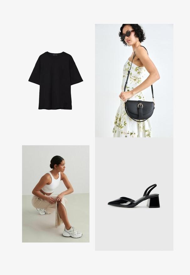 Musta puuvillainen t-paita, jossa on rento leikkaus, lyhyet hihat, pyöreä pääntie ja sileä rakenne. Ei näkyviä kuvioita tai yksityiskohtia.; Valkoinen ribatty cropped top, beige-nappiyksilöinen hame, jossa on sivuhalkio, valkoiset tennarit mustilla ja hopeisilla yksityiskohdilla, istuu vaaleataustalla.; Mustat patentoitu nahkakengät, joissa on säären takaosa ja terävä kärki, sekä geometrinen palikkakorko. Sisältää tyylikkään, minimalistisen muotoilun ja sileän pinnan.; Musta nahkainen käsilaukku, joka on kaareva muotoilultaan, irrotettavalla hihnalla ja kultaisilla yksityiskohdilla. Laukussa on läppä, jossa on solk yksityiskohta.