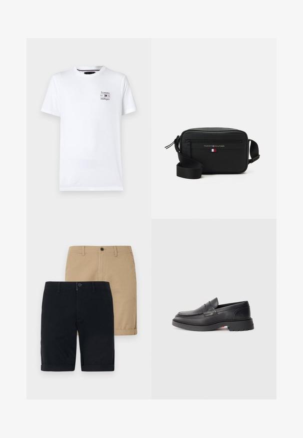 Hvit kortermet t-skjorte laget av bomull. Har et lite grafisk design i blå og rød tekst på venstre bryst som leser "Tommy Hilfiger."; To par shorts: en marineblå og en khaki. Begge er laget av bomull, har flat front, oppbrettbar kant og knappelukk.; Svart lær loafers med rund tå, hevet søm og tykk gummisåle. Enkel design med minimal merkevare på siden.; Svart crossoverveske laget av teksturert materiale som har en glidelåslomme, justerbar stropp og en logo med en trikolor aksent.