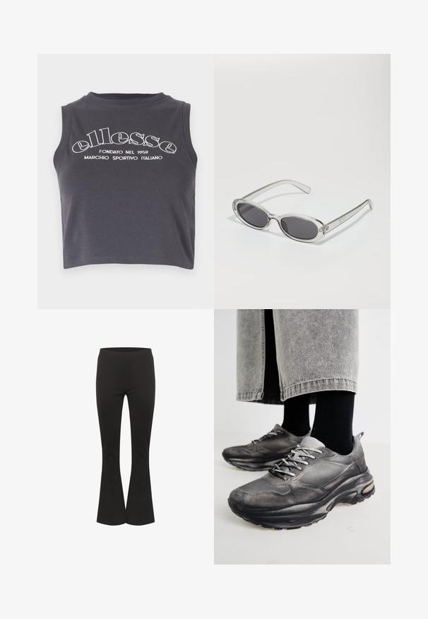 Dark gray cropped tank top made from soft cotton, featuring white printed branding text and a rounded neck with no sleeves.; Black flared pants with a fitted waist and smooth fabric, shown upright against a white background.; Black and gray athletic shoes feature a mesh upper, thick soles, and laces. They have a rounded toe and visible cushioning detail.; Sunglasses with an oval shape, clear plastic frame, dark gray lenses, and thin transparent arms featuring logo accents and minimal detailing.