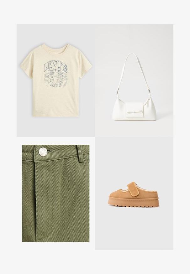Vaalean Beige puuvillainen t-paita, jossa on sininen graafinen kuvio, joka esittää siipiä, tähtiä ja "LEVI'S 1873" -tekstiä edessä. Lyhyet hihat, pyöreä kaula-aukko.; TUSSAH SAWYER - A-linjainen hame - sage green; Ruskea nappa-nahkainen liukupohjakenkä, jossa on tarranauha, pyöreä kärki ja paksu alusta, jossa on teksturoitu kumipohja.; Valkoinen synteettinen käsilaukku, jossa on kolmikulmainen muoto, tasainen etu läppä ja nauhadetail, säädettävä olkahihna, sileä rakenne ja minimalinen muotoilu.