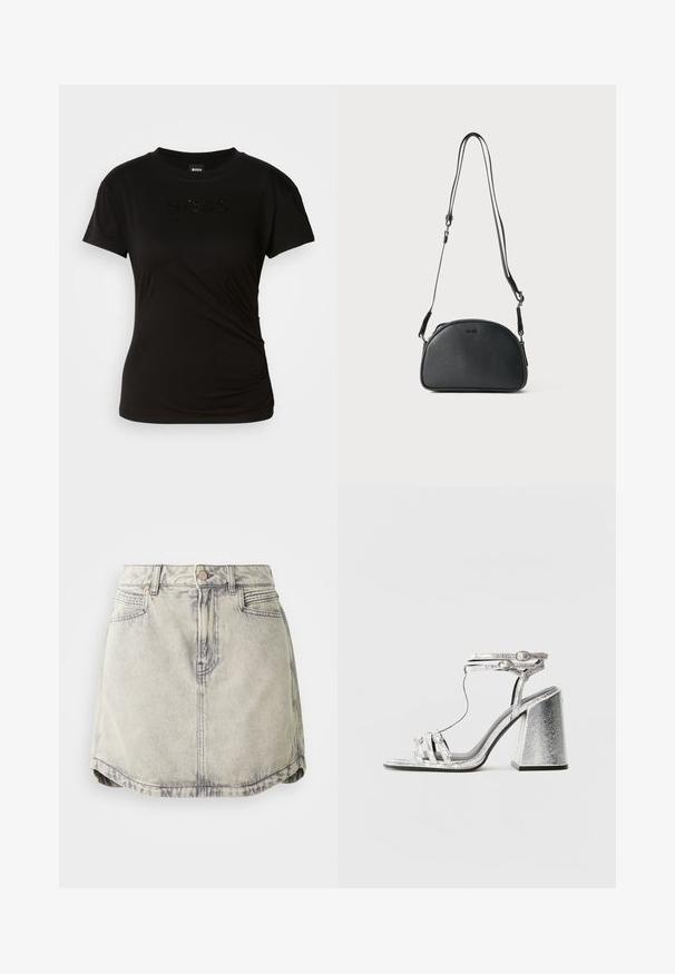 Črna majica s kratkimi rokavi, narejena iz mehke tkanine, s okroglim izrezom. Beseda "BOSS" je izbodena z sijočimi črnimi detajli.; Denim krilo v svetlo sivi barvi z izbledelim videzom, z gumbastim pasom, sprednjimi žepi in rahlo ukrivljenim robom.; Srebrna sandala na blok peti s tankimi trakovi in zaponko okoli gležnja. Material ima metalni finiš z teksturiranim videzom.; Črna usnjena torbica za čez ramo zaokrožene oblike, z dvema prilagodljivima naramnicama in diskretnim logotipom na sprednji strani. Teksturirana zunanjost, minimalističen dizajn.