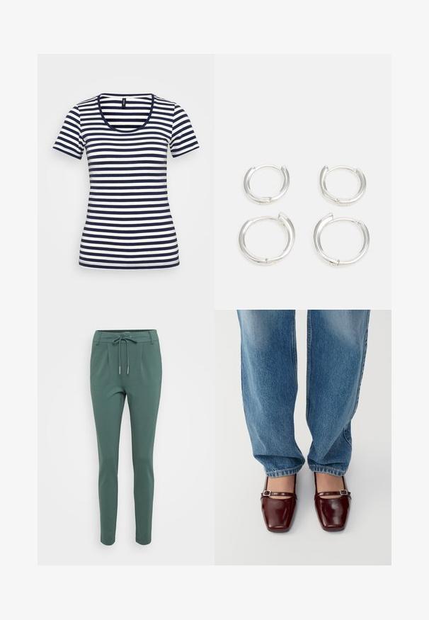 Navy and white striped t-shirt featuring a scoop neckline, short sleeves, and a fitted design. Made of soft, lightweight fabric.; Green, slim-fit pants with a drawstring waist, made from soft fabric. Features pleats on the front and tapered legs.; Burgundy patent leather shoes with a square toe and ankle strap, paired with light blue loose-fit jeans. The shoes have a glossy finish.; Silver hoop earrings, featuring a smooth, polished finish. Two pairs with a slightly different size. Simple, circular design, lightweight.