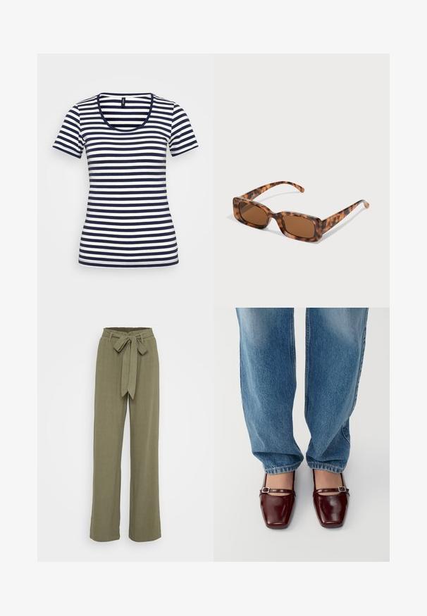 Jūrinės ir baltos spalvos dryžuota marškinė, turinti apvalią iškirptę, trumpas rankoves ir prigludusią kirpimą. Pagaminta iš minkštos, lengvos medžiagos.; Olivinės žaliai plačios kelnės su diržu, pagamintos iš tekstūruoto audinio, turinčio lygų paviršių ir pritaikytą supjaustymą.; Bordo lakinės odos bateliai su kvadratiniu pirštu ir kulkšnies dirželiu, derinami su šviesiai mėlynomis laisvo kirpimo džinsais. Bateliai turi blizgų paviršių.; Vėžlio kiauto saulės akiniai su stačiakampiais rudi objektyvais, storu rėmu ir siaurais rankenėlėmis, dekoruotomis skirtingų atspalvių ruda spalva.; Sidabriniai auskarai žiedai, turintys lygaus, blizgaus paviršiaus. Du poros, su šiek tiek skirtingais dydžiais. Paprastas, apvalus dizainas, lengvi.