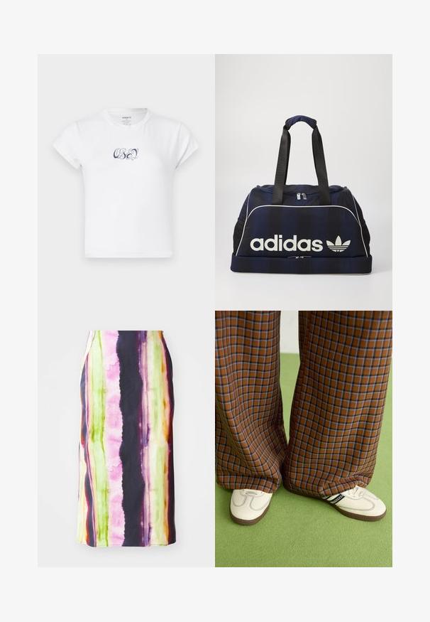 Fehér pamut póló rövid ujjakkal és kerek nyakkivágással, amelyen sötétkék "OBEY" grafikás szöveg található az elején. Sima textúra.; Színes, közepes hosszúságú szoknya, amelyen függőleges csíkok találhatók rózsaszín, zöld, sárga és lila színekben. Simább anyagból készült, amelynek enyhe fényessége van.; Barna és kék kockás, bőrt lábú nadrág, fehér cipővel, fekete részletekkel és texturált talppal, zöld háttér előtt.; Tengerészkék sporttáska fehér Adidas logóval, cipzáras tetővel, két strapabíró fekete fogantyúval és oldalsó hálós zsebekkel. Sima szövetfelület.