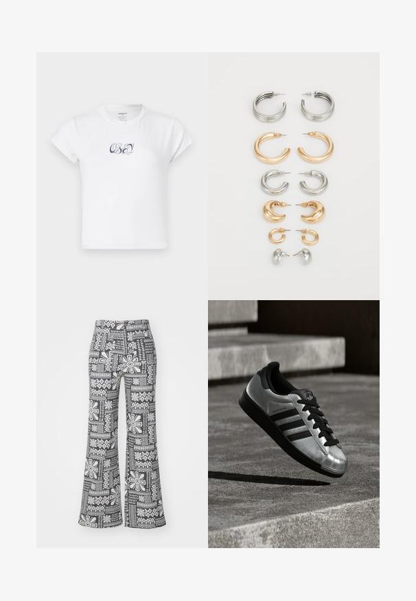 White cotton t-shirt with short sleeves and a round neckline, featuring dark blue "OBEY" graphic text on the front. Smooth texture.; Black and white flared pants featuring a geometric floral pattern. Made from lightweight fabric with a smooth texture.; Silver sneaker with a black rubber sole, black laces, and three black stripes. Features a metallic finish and classic shell toe design.; Set of eight metal earrings in silver and gold tones. Includes various hoop styles, textures, and finishes, arranged by size.