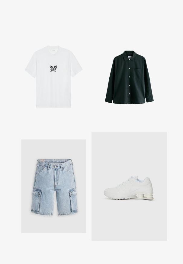 Valkoinen puuvillapaita lyhyillä hihoilla ja pyöreällä kauluksella. Keskellä musta liekkikuvioinen perhosgrafiikka. Sileä pinta.; Tummanvihreä napitettava paita, jossa on kaulus, pitkät hihat ja yksi rintatasku; siinä on valkoiset napit ja pehmeä tekstuuri.; Vaaleansiniset farkku cargo-shortsit, joissa on rento istuvuus. Niissä on kaksi sivutaskua ja ommeltua yksityiskohtaa saumoissa.; Valkoinen urheilujalkine, jossa on sileä synteettinen päällinen, teksturoidut yksityiskohdat ja erottuva segmentoitunut kanta iskua vaimentamaan. Naruvaatimus.