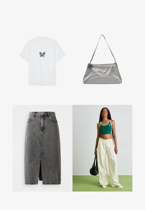 T-shirt en coton blanc à manches courtes et col rond. Présente un graphique central de papillon avec un motif de flammes noires. Texture lisse.; Jupe midi en denim noir délavé, taille haute, avec fente frontale, passants de ceinture et design classique à cinq poches.; Haut de tank court vert avec bord blanc, associé à un pantalon large crème. Le mannequin tient un petit sac noir. Baskets simples.; Sac à main en métal argenté avec un design structuré et élégant, présentant un corps texturé, une bandoulière et un accent avec un logo en relief.